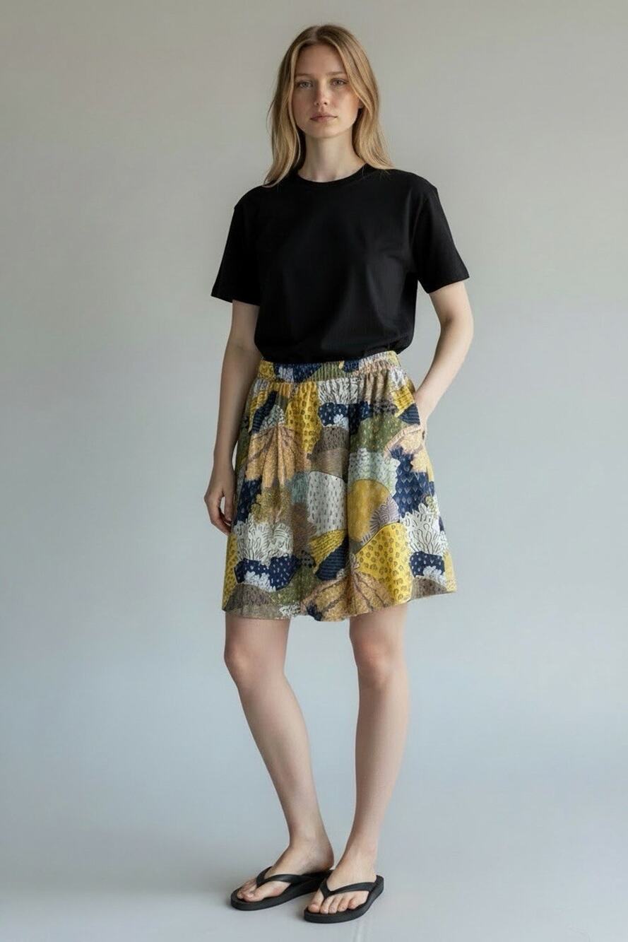 Boden Abstract Landscape Print Mini Skirt Cotton Lined Blue Mustard 12